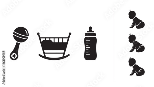 Baby Essentials Icons in Minimalist Black Silhouette on White Background for Nursery Decor