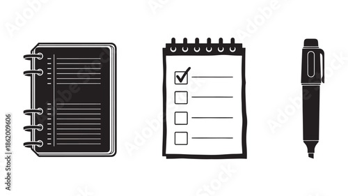 Planner and Pen in Simple Monochrome Style with High Contrast Lighting on White Background for Office Supplies