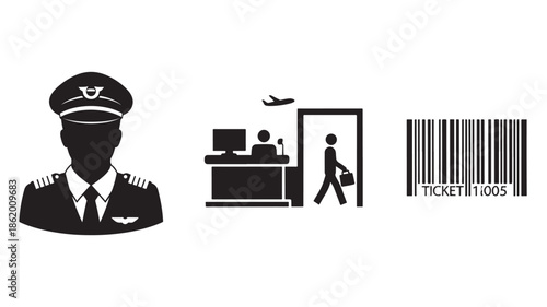 Airline Staff and Passenger at Check-in Counter with Barcode Ticket in Simple Flat Design for Travel Industry