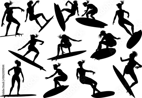 Surfer surfboard boarding female surfer surfing silhouette outlines. Women surf pose design concept.