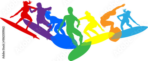 Surfer surfboard boarding male and female surfers surfing colorful silhouette outlines. Men and women surf group design concept.