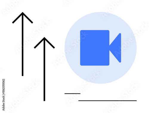 Video marketing, content creation, streaming services, social media engagement, online video platforms, growth trends. Blue video camera icon with upward black arrows. Video marketing and content