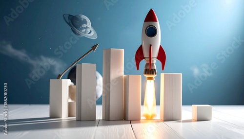 Ascending Ambition: A rocket blasts off, soaring above a stylized bar graph, symbolizing growth, innovation, and ambitious goals against a cosmic background.