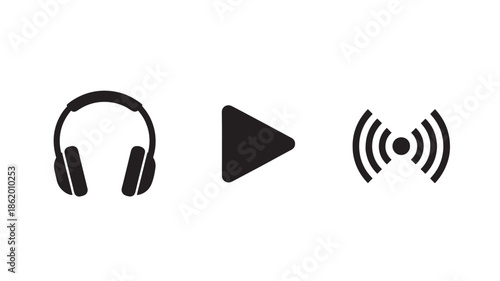 Headphones with play button and sound waves in simple flat design on white background for music app interface