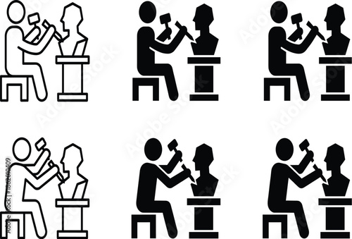 Sculptor icon, black vector, art worker, bust carving, chisel tool, seated figure, creative process, illustration, graphic, craftsmanshipSculptor icon, black vector, art worker, bust carving