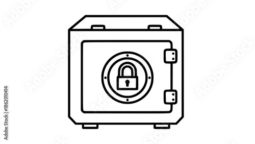 A hand-drawn line art vector illustration of a safe with a padlock on the front.