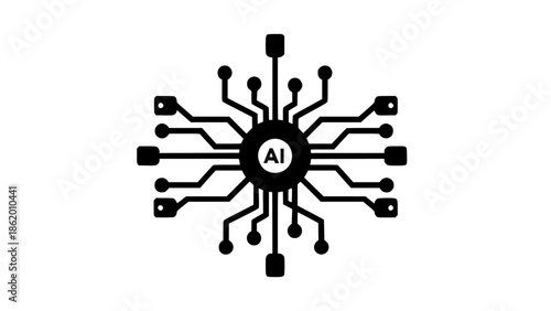 A hand-drawn line art vector illustration of a black circuit board with AI at its center, surrounded by various lines and dots on a white background.