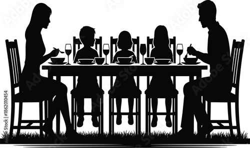 Family dinner silhouette, black vector, outdoor meal, dining table, seated figures, social gathering, home life, illustration, graphic, togethernessFamily dinner silhouette, black vector