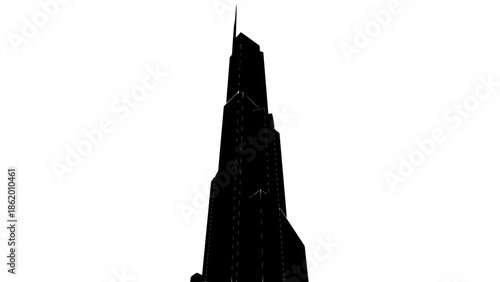 A hand-drawn line art vector illustration of a tall building with a spire on a white background