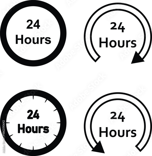 24 hours icons set with clock and arrow symbols for service hours