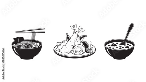 Asian Cuisine Illustrations in Monochrome Style with Simple Lighting on White Background for Menu Design