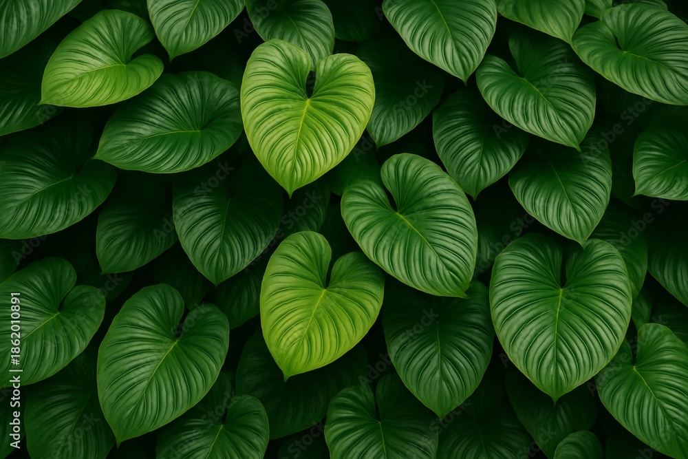 Naklejka premium Heart-shaped tropical leaves with detailed textures forming a lush natural foliage background in a dark green jungle atmosphere. Ai generative. Ai generative