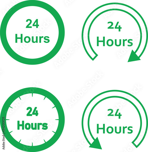 Green twenty four hours icons set with clock faces and arrows