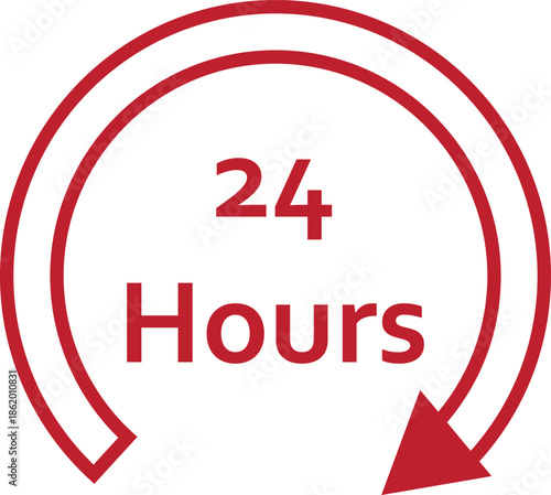red 24 hours clock icon with circular arrow