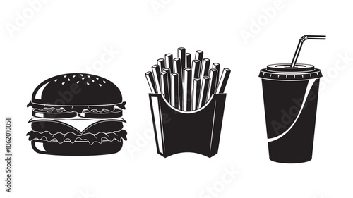 Fast Food Meal Silhouette Set in Monochrome Minimalist Style with High Contrast Lighting on White Background for Menu Design