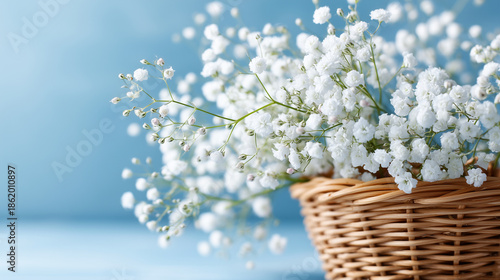 A bright, airy floral still life featuring dyed babyâs breath (gypsophila) arranged in a natural woven wicker basket, set against a clean pastel blue background. The basket is posi