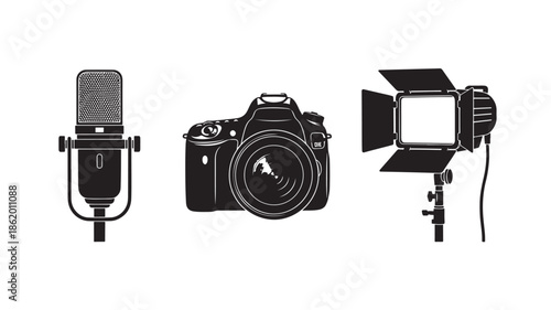 Studio Equipment Set in Minimalist Black Silhouette with Softbox Lighting on Isolated White Background for Content Creation