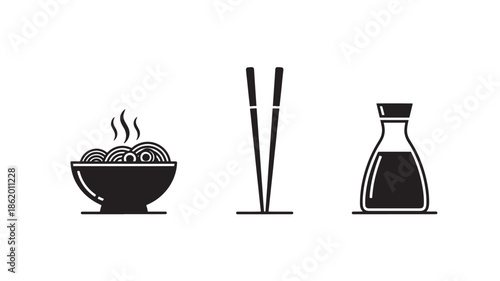 Asian Noodle Set in Simple Monochrome Illustration with White Background for Restaurant Menu