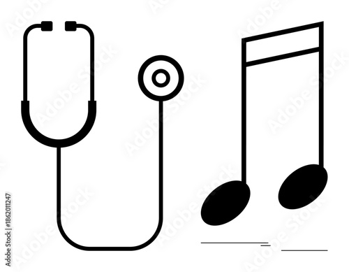 Stethoscope intertwined with a musical note illustrating the harmony of medicine and music. Ideal for health, wellness, art, creativity, therapy, healing, innovation. Minimalist flat metaphor