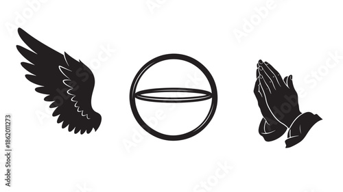Angel wings and praying hands with minimalist symbol in simple black silhouette on white background for spiritual design