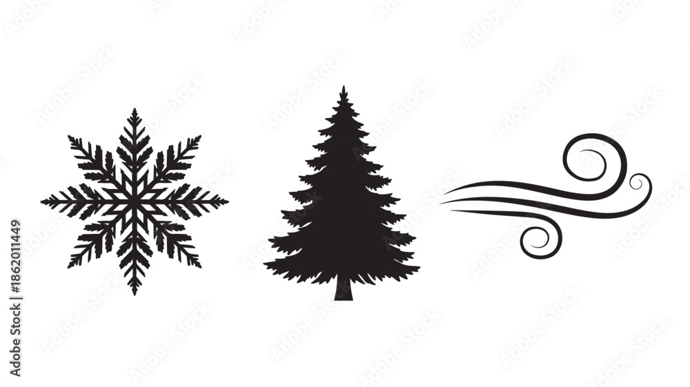 Obraz premium Snowflake, Fir Tree, and Wind Silhouettes in Simple Monochrome Black on White Background for Winter Design