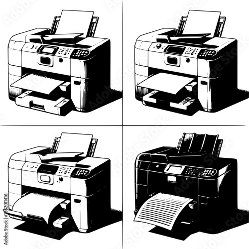 Printer Variety: A detailed illustration showcases a printer in various perspectives. The image celebrates the functionality and design of modern printing technology.
