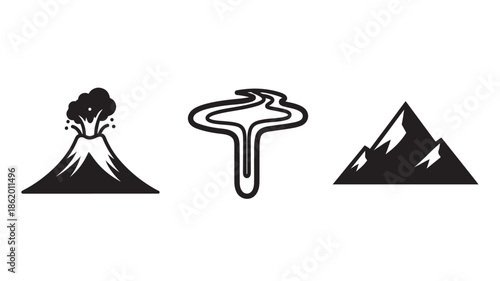 Volcanic Eruption and Mountains in Simple Line Art Style with Black Silhouette and White Background for Graphic Design