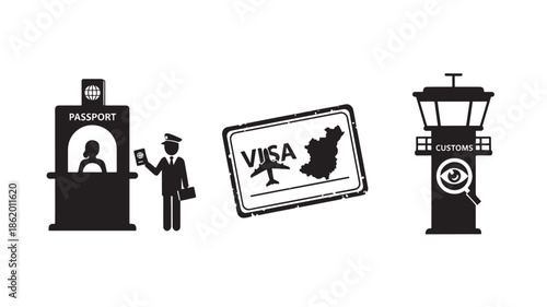 Passport Control Officer with Visa Stamp and Customs Booth in Monochromatic Minimalist Style for Travel Documentation