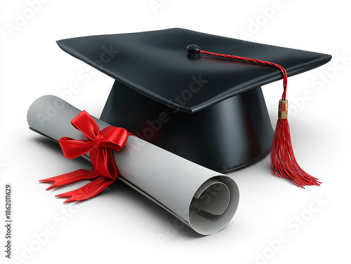 Black Graduation Cap And Diploma On White Background Academic Achievement MADE WITH GENERATIVE AI