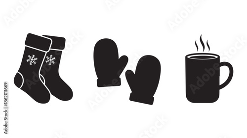 Winter accessories in minimalist style with black silhouette on white background for cold weather illustration