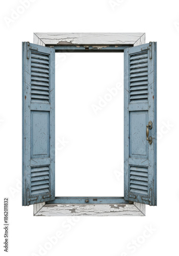 antique, distressed light blue metal shutters and peeling white wood casing opened wide onto a transparent void, studio isolated shot. concept of open opportunity