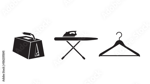 Ironing accessories in minimalist style with monochrome color on plain white background for household essentials