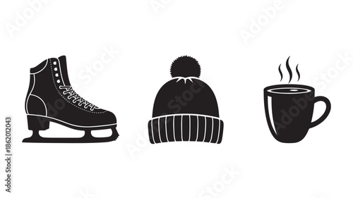 Ice Skating Accessories in Minimalist Style with Simple Black Silhouettes on White Background for Winter Sports