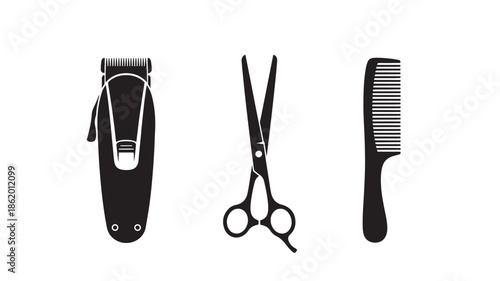 Barber Tools Set in Modern Minimalist Style with High Contrast Black and White Lighting on Isolated White Background for Beauty Salon Advertising