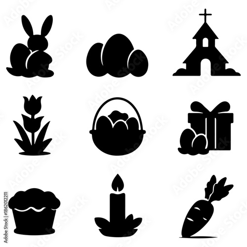 A charming collection of festive silhouette icons representing various traditional symbols and elements associated with spring holidays and joyful celebrations for creative projects