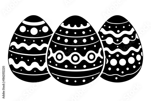 Three stylized decorative Easter eggs with intricate patterns in black and white, perfect for springtime celebrations and holiday designs
