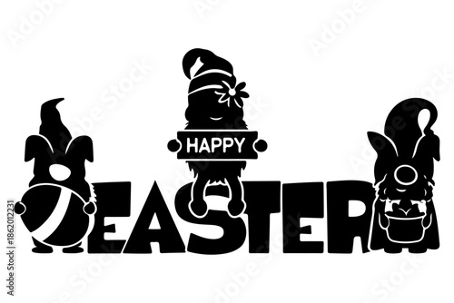Happy Easter text with cute gnome characters and bunny ears on a white background, celebratory design for spring holidays