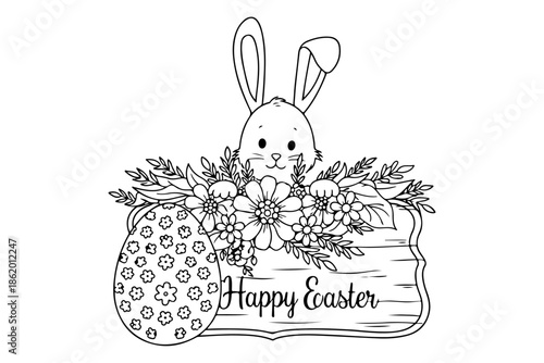 Adorable Easter Bunny Illustration with Festive Flowers and Egg, Peeking Over a 'Happy Easter' Wooden Sign, Perfect for Spring Holiday Coloring Pages or Seasonal Greetings Card Design