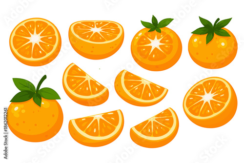 A vibrant collection of fresh oranges, whole and sliced, showcasing their juicy segments and green leafy tops, perfect for culinary and health-related content