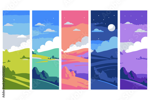Vibrant, stylized landscapes depicting the passage of time from dawn to dusk, showcasing dynamic color palettes and cloud formations in a serene, graphic art style