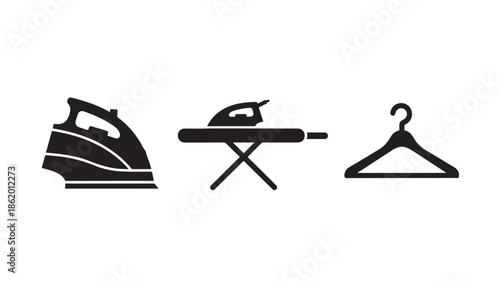 Ironing Set in Simple Flat Design with Black Silhouette on White Background for Laundry Service