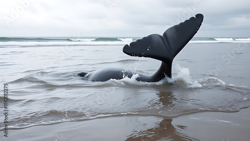 motherliness. Beached whale with tail fin splashing in shallow water under overcast sky. wildlife magazines, conservation campaigns, designed for eco-tourism storytelling.
