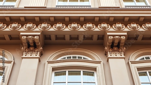 entablature. Classical architecture cornice featuring conical guttae details under soft window light. real-estate listings.