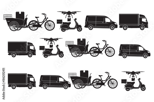 Black silhouette delivery transport set featuring cargo bicycle, electric scooter, delivery van, box truck, and drone delivery, representing modern urban logistics and last-mile shipping solutions.