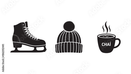 Ice Skate, Beanie Hat, and Chai Tea Cup in Simple Monochrome Illustration for Winter Sports and Warm Beverages