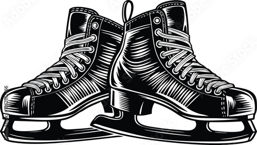 Pair of black and white leather boots isolated on a white background in a simple footwear illustration style