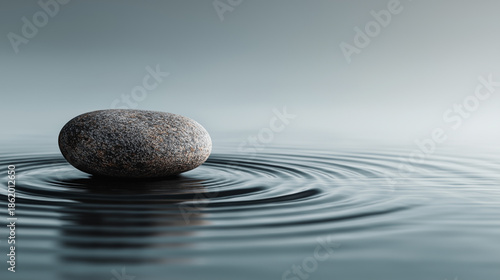 Solitary stone surrounded by calm water ripples, representing endurance, resilience, solitude, and quiet strength over time and change.