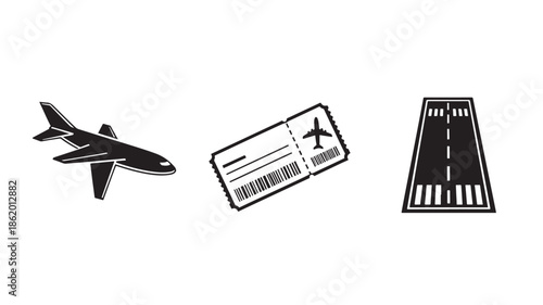 Airplane with boarding pass and runway in simple flat design for travel and transportation