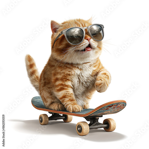 Cool tabby cat wearing sunglasses rides a skateboard