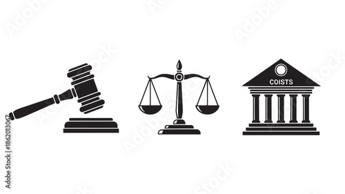 Justice Symbols in Monochrome Illustration on White Background for Legal Themes